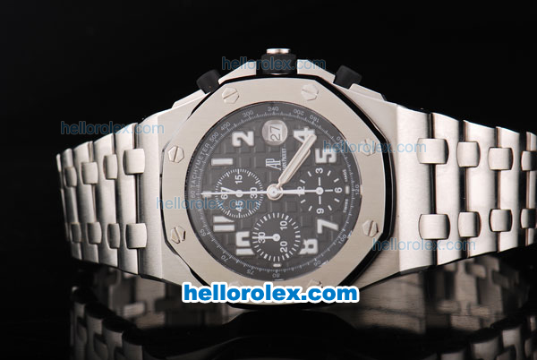 Audemars Piguet Royal Oak Offshore Black Themes Chronograph Swiss Valjoux 7750 Movement Black Dial with White Numeral Marker-SS Strap - Click Image to Close